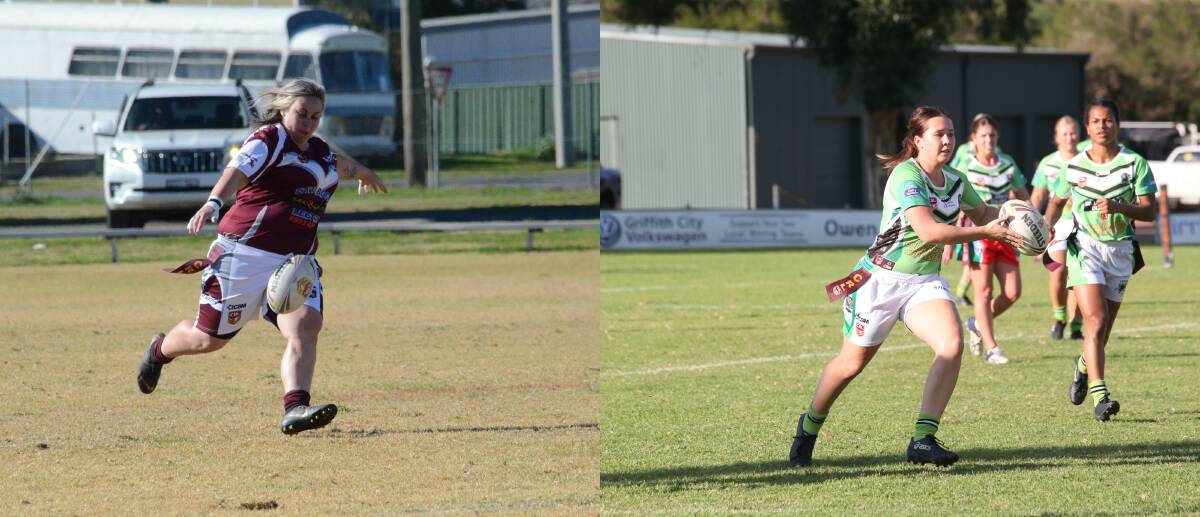 BIG WEEKEND: Yanco-Wamoon captain Monique Higgins (left) in action during her team's huge win over DPC, while Leeton's Sophie McGregor looks for options (right).