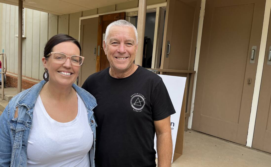 Leeton shire voters Jodie Ryan (left) and Michael O'Bree outside the Madonna Place polling booth. Picture by Talia Pattison