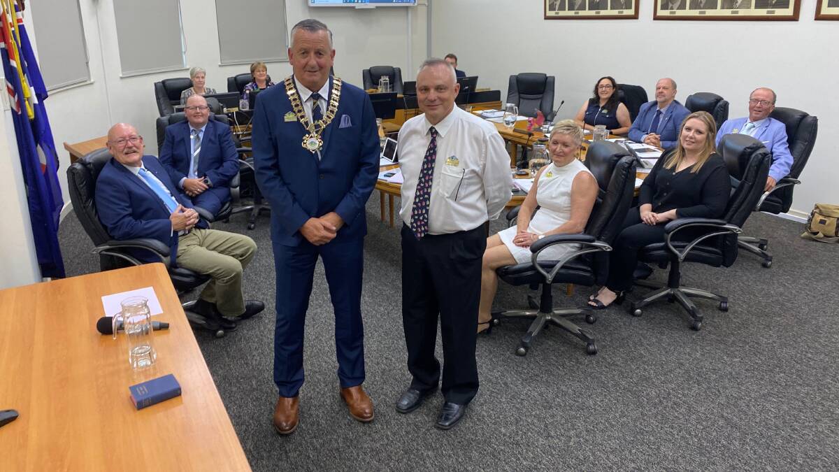 NO INCREASE: Leeton shire mayor Tony Reneker (front left) and deputy mayor Michael Kidd (right) with fellow councillors and staff. Photo: Talia Pattison