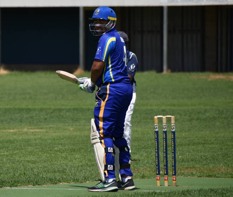 WATCH: Mohammed Ahmed steadies himself for a delivery from a Yanco bowler during B grade last week. 