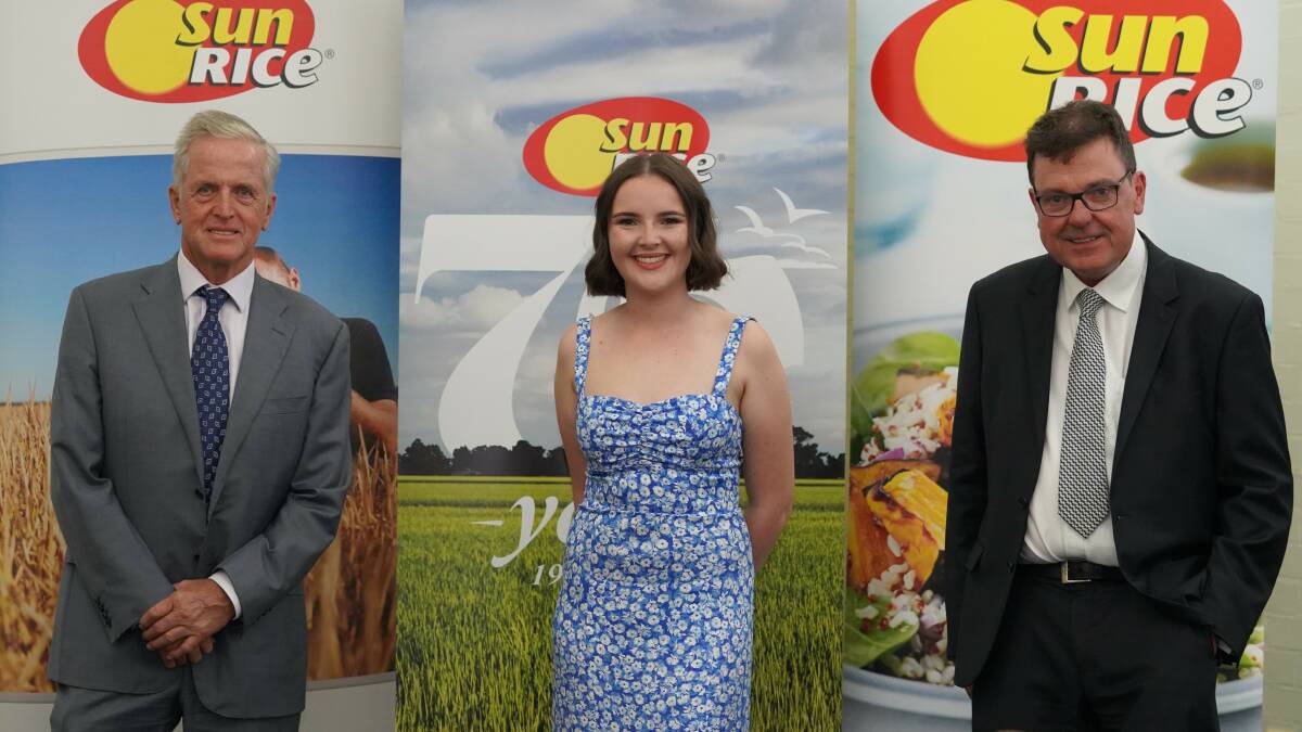 HELPFUL: SunRice chairman Laurie Arthur, 2021 scholarship recipient Charlie Reilly and general manager global operations and agribusiness, SunRice Tom Howard. Photo: Supplied