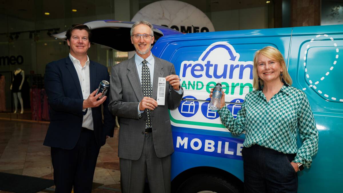 Return and Earn has been going for six years, with Leeton embracing the concept. Celebrating the success of the initiative is (from left) James Dorney from Cleanaway, Alex Young from Container Deposit Scheme NSW EPA and Danielle Smalley from Exchange for Change. Picture supplied 
