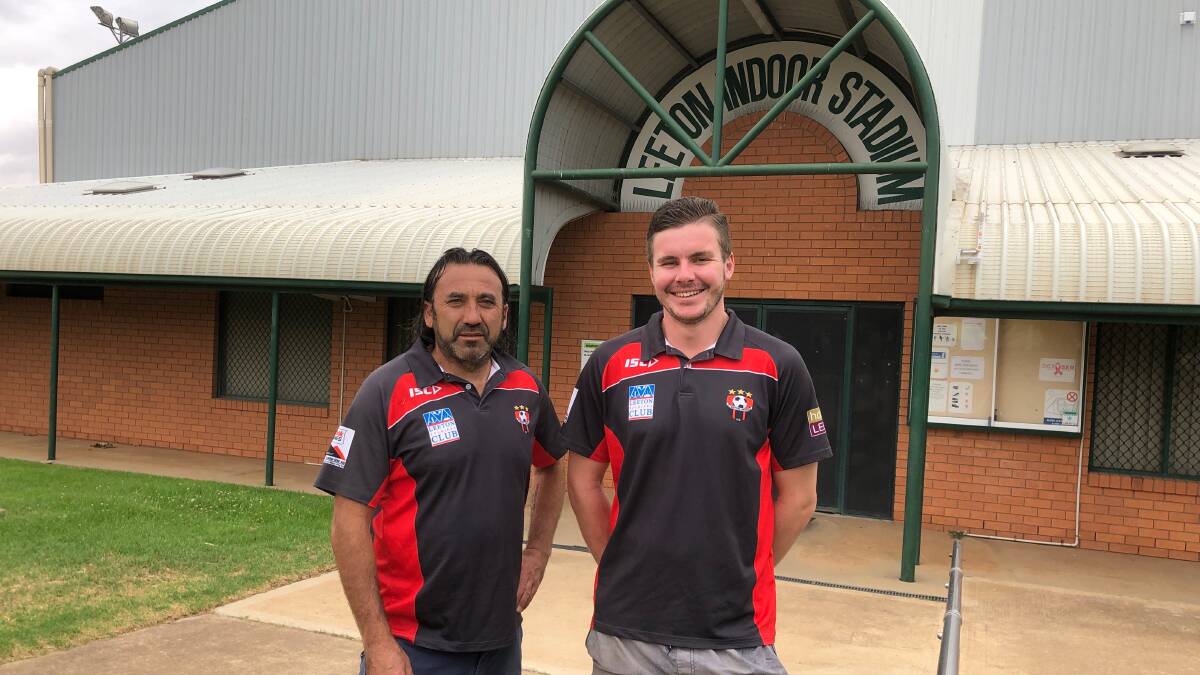 NEW COMP: Leeton United's Frank Millemaggi (left) and Dan McKenzie are helping organise a new futsal competition for the town. Photo: Talia Pattison