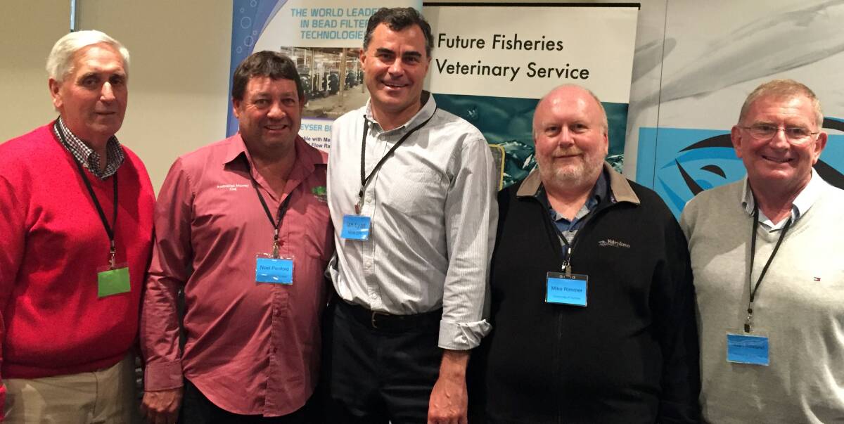 TAKE NOTE: Aquaculture industry movers and shakers (from left) Roger Camm, Noel Penfold, Ian Lyall, Mike Rimmer and Dr Stuart Rowland at the conference. Photo: Contributed 