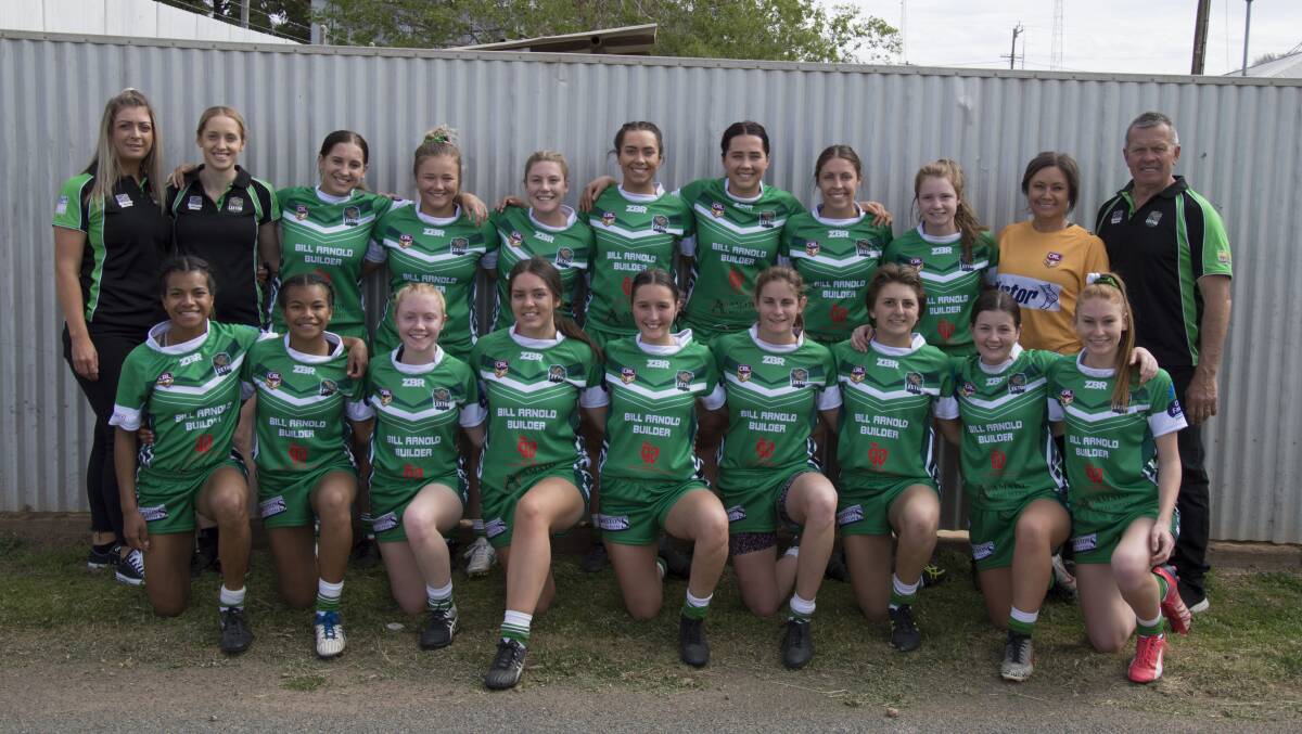 ALL SET: The Leeton Greens (back from left) Abby Dempsey, Katie McGregor, Elli Gill, Jamie Taylor, Jess McDonell, Gabby McGregor, Sophie McGregor, Kayla Frazer, Paris Crelley, Deearne McGregor, coach Paul McGregor, (front) Ua Ravu, Janiana Ravu, Rebecca Seabrook, Jorgy Eglinton, Chelsea Noonan, Anna Poulsen, Abby Favell, Amy Diebert and Olivia Eisenhut are ready to go in Sunday's grand final. Photo: Contributed 