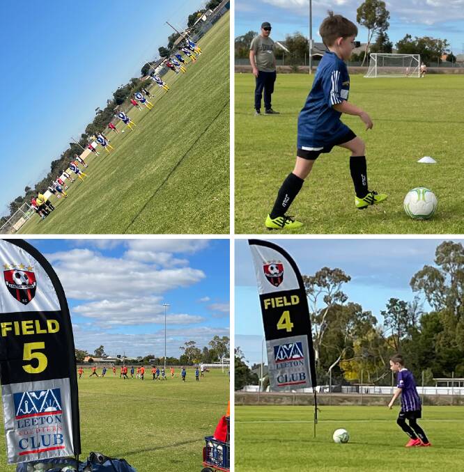 SKILL: The Leonard ladies pause for a minute silence in their recent first match (top left), while junior soccer made a return on the weekend. Photos: Megan West