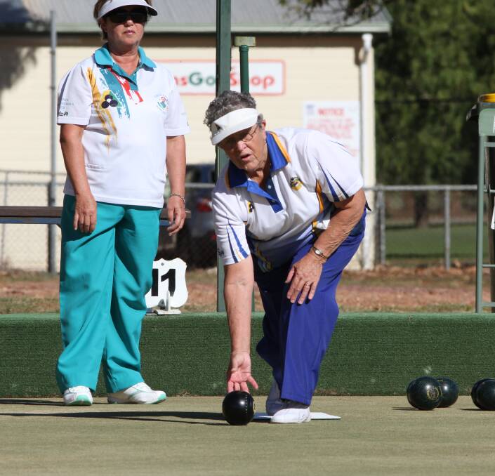 TESTING: Joan Bourke rolls one down for the Leeton and District Bowling Club during the pairs semi-finals last week at the Leeton Soldiers Club.