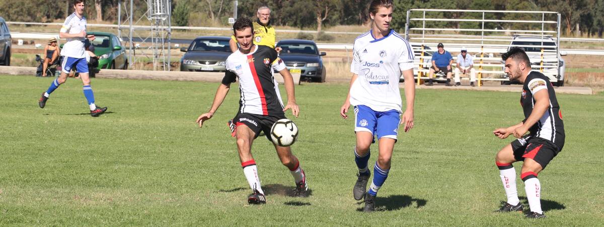 FIRST-GAME WIN: Leeton United's Pablo Quarin prepares to kick the ball away on Sunday afternoon. Photo: Anthony Stipo 
