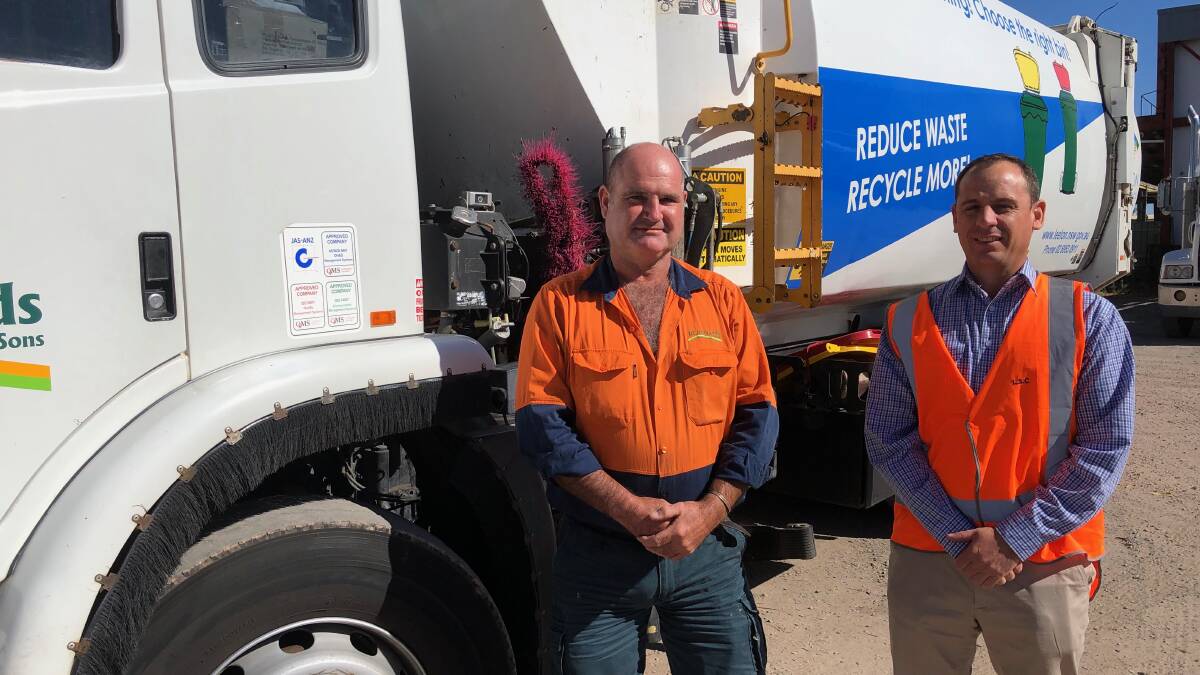 GREAT WORK: Bill Kennedy (left) with Leeton Shire Council's waste and recycling co-ordinator Guy Retallick. Photo: Talia Pattison