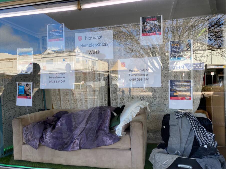 SLIGHT: The window display highlighting homelessness and couch surfing in Leeton shire. Photo: Talia Pattison