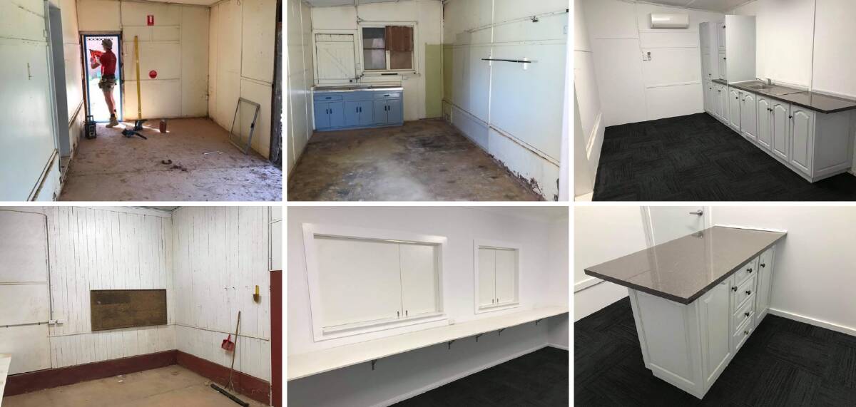PROGRESS: Before and after photos of work that has gone on inside the secretary's office and kitchen at the Leeton Showground. Photos: Supplied