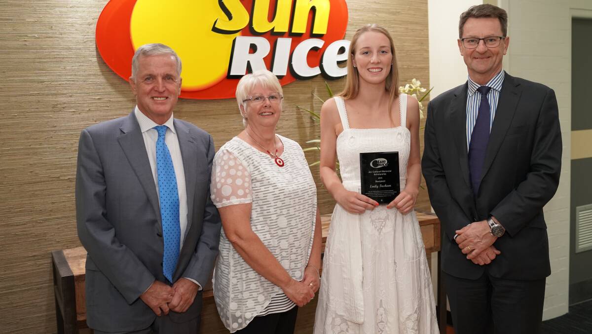 ACHIEVE: Scholarship winner Emily Fasham (second from right) is congratulated on the honour by (from left) SunRice chairman Laurie Arthur, Jan Cathcart’s sister Judy Johnston and SunRice chief executive officer Rob Gordon. Photo: Contributed