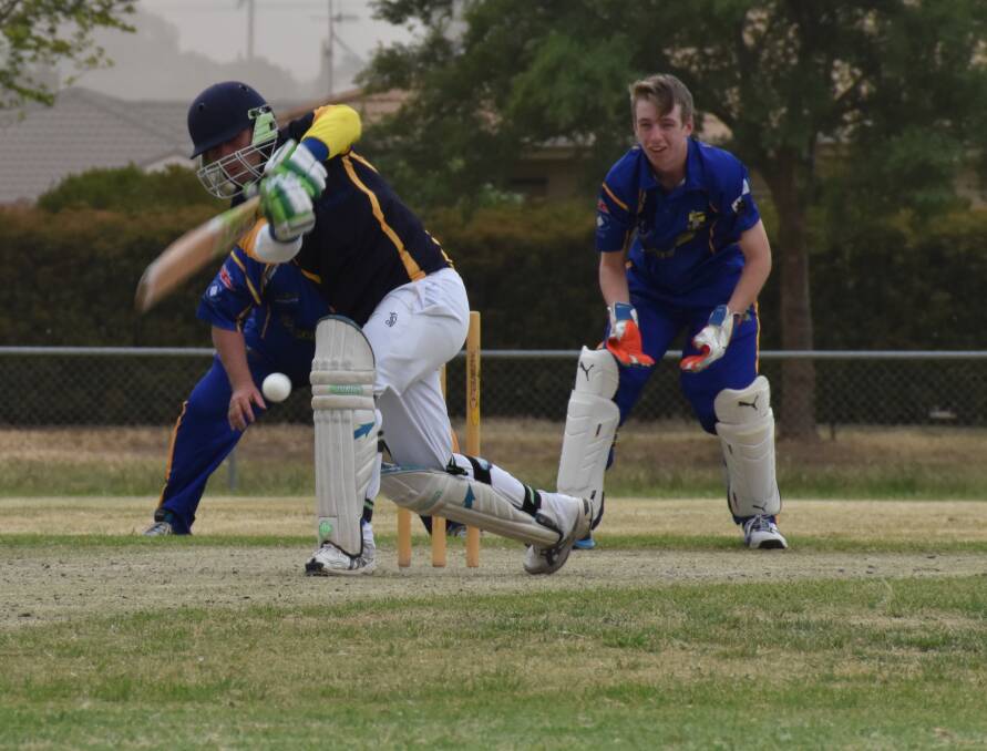 SHOT: Narrandera's Connor Vearing gets the ball away during an earlier encounter in the Twenty20 season with the L&D CC. Photo: Shaun Paterson 