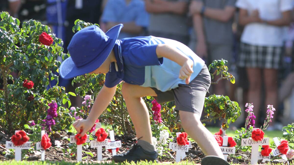 REFLECT: A student places a cross adorned with a knitted poppy and the initials of one of Leeton's fallen during the 2019 main Anzac Day service. Photo: Talia Pattison 