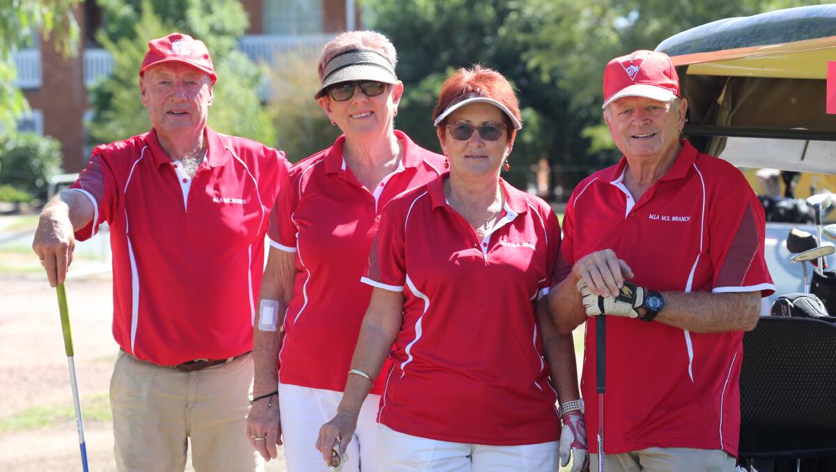 ON COURSE: Peter McCloskey, Kath Meagher, and Joan and Geoff Dartnell enjoy the big hole golf charity day. Photo: Anthony Stipo 
