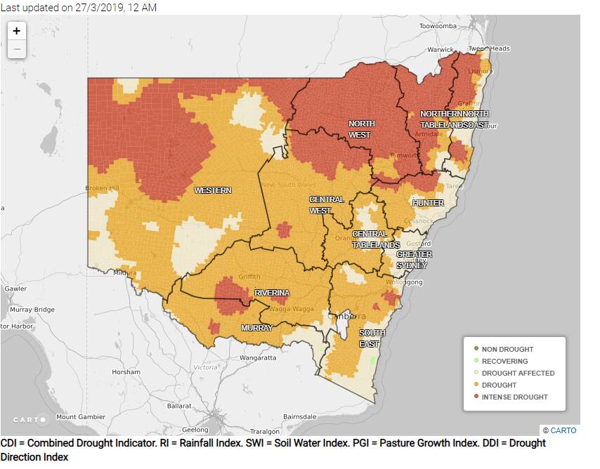 The current drought map for NSW shows the majority of Riverina and Murray remains in drought. Photo: NSW Department of Primary Industries 