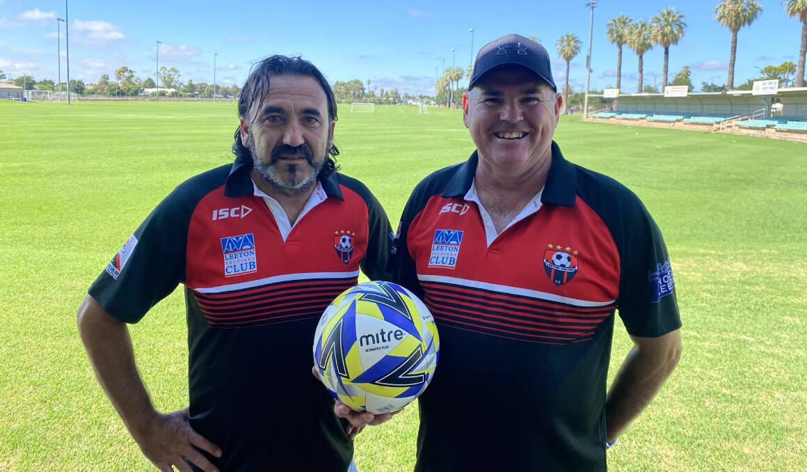 Leeton United Football Club vice president Frank Millemaggi (left) and president Rod Harrison are looking forward to the Festival of Football this weekend. Picture by Talia Pattison