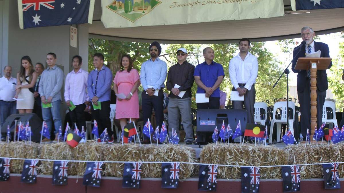 WELCOME: Leeton Shire Council mayor Paul Maytom leads a citizenship on Australia Day in 2017. Photo: Talia Pattison