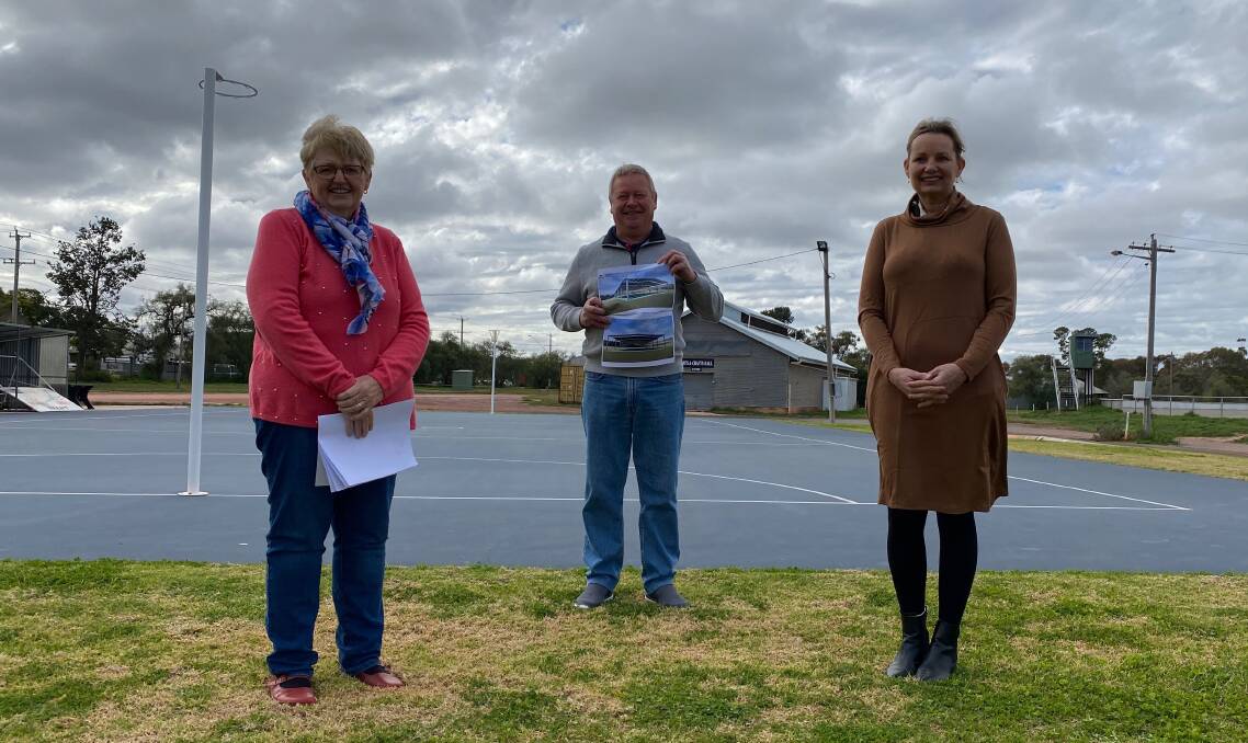 THRILLED: Leeton Show Society secretary Janne Skewes (left) and president Bill Aliendi with Member for Farrer Sussan Ley discussing the pavilion plans. Photo: Talia Pattison 
