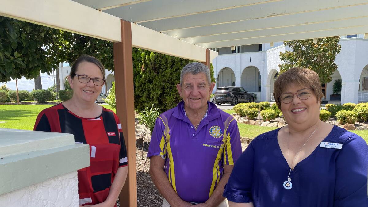 Australia Post postal manager Christine Robinson, Rotary Club of Leeton's Brian Munro and Leeton Connect's Mary Errey prep for the event at the Hydro Hotel on February 21. Picture by Talia Pattison