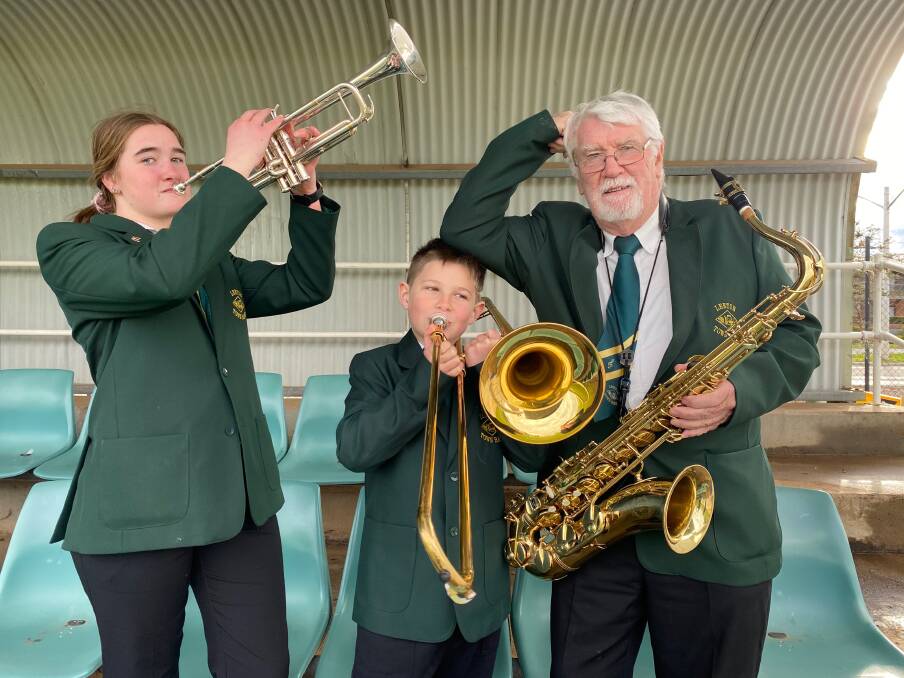 ANTICS: Leeton Town Band members Madeline Sachs, Alec Tait and John Moran are keen to help make the 2021 Leeton Outback Band Spectacular a fun weekend. Photo: Talia Pattison 
