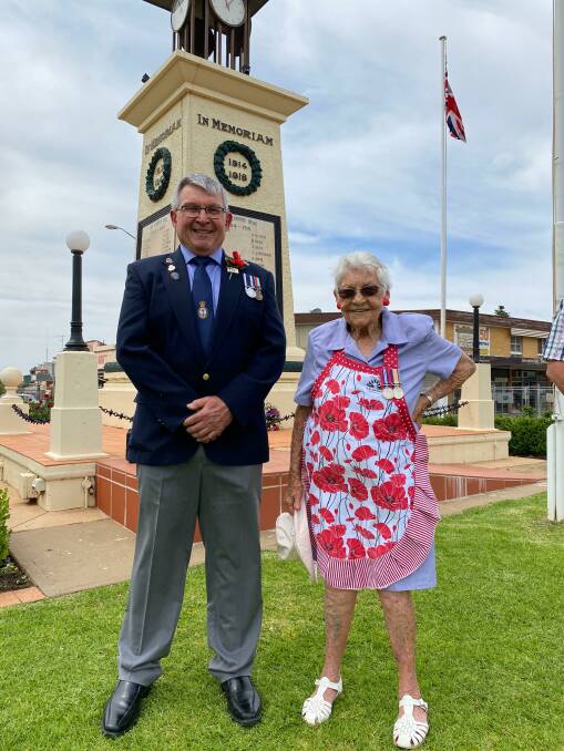 REFLECT: Leeton RSL Sub-branch members Ron Hirst (left) and Heather Whittaker on Remembrance Day this week. Photo: Talia Pattison 