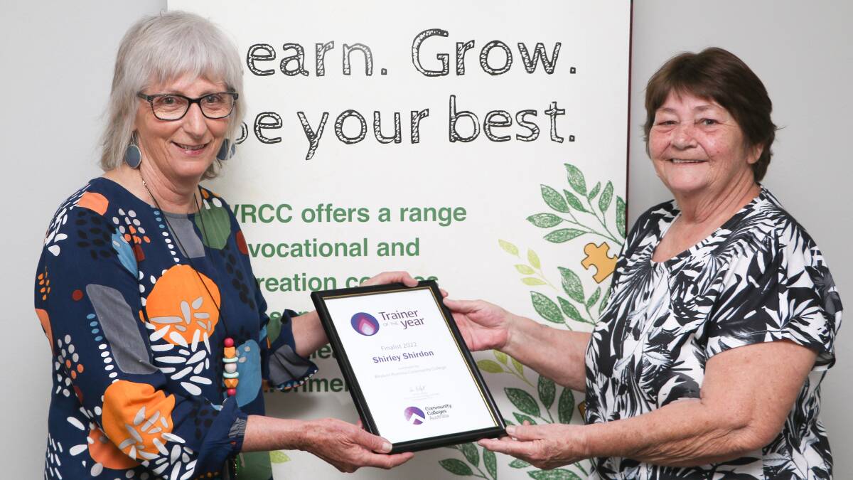 Leeton's Shirley Shirdon (right) with Sue Reynolds from the Western Riverina Community College accepting her finalist award. Picture supplied