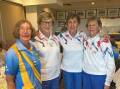 Leetons Jan Munro, Laurel Cox and Margaret McKenzie are congratulated by Wagga RSLs Bowls vice-president Sue Brown. Picture supplied 