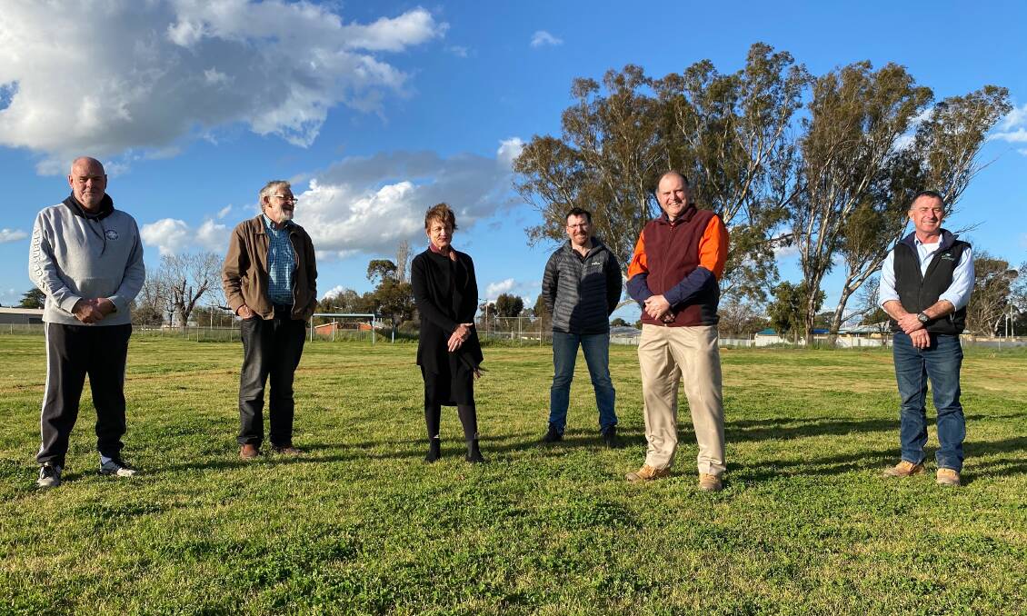 CAST AN EYE: Member for Murray Helen Dalton (middle) with stakeholders Rod Steedman, mayor Paul Maytom, Greg Halloran, Brian Rotherham and Pat Currie at the ovals. Photo: Talia Pattison
