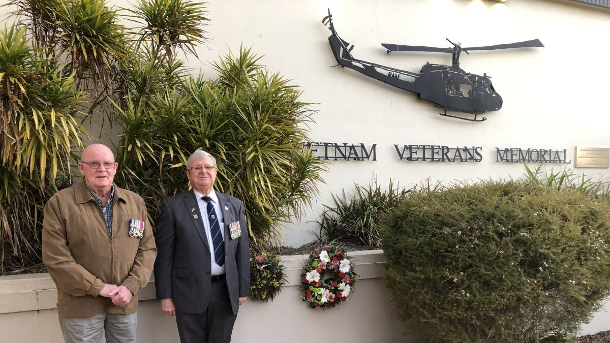 THANK YOU: Ian Page (left) a Vietnam and Borneo veteran alongside fellow Vietnam veteran John Power at Tuesday's commemoration in Leeton. Photo: Karleen Reilly 