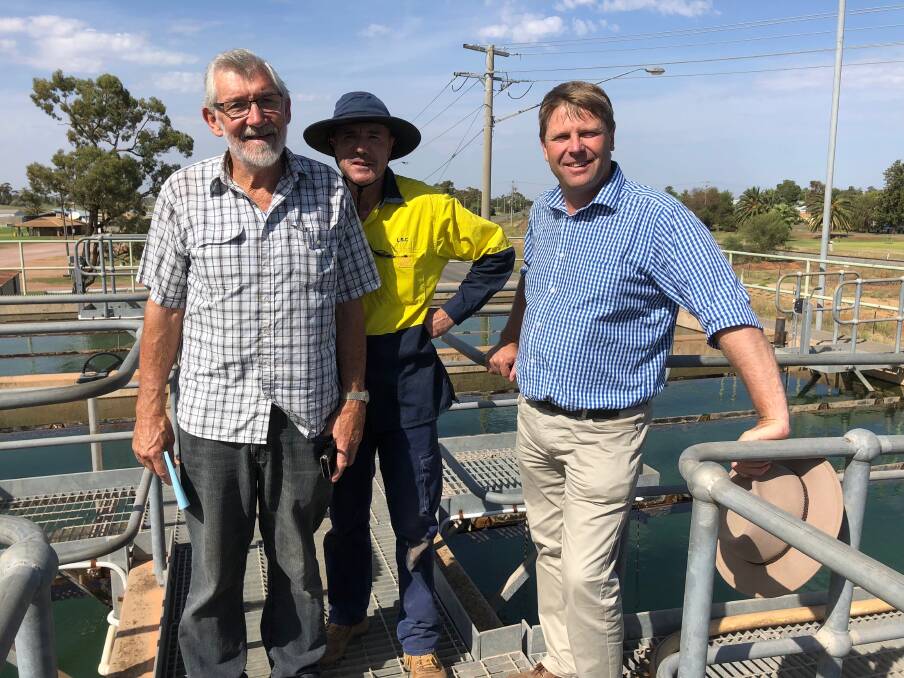 INSPECT: Leeton mayor Paul Maytom (left) and Member for Murray Austin Evans are taken through the Leeton Water Filtration Plant by staff member Paul Goodrum (middle) following the funding announcement last week. Photo: Talia Pattison