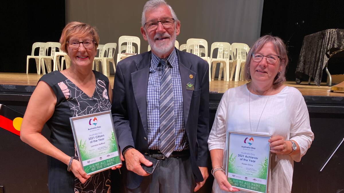 Mayor Paul Maytom with citizen of the year Lorraine Kefford (left) and achiever of the year Karen Davy. Photo: Talia Pattison