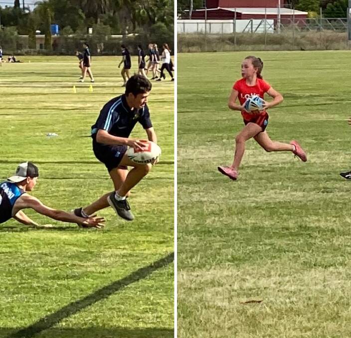 BACK AT IT: Calan Nicholls (left) makes a try-saving touch, while Adele Thomas makes a break in her game. Photos: Supplied