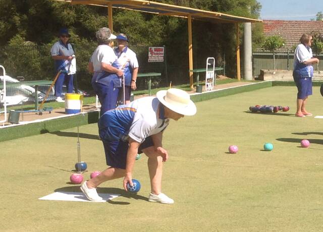 ACTION: Mary Payten on the mat at the Leeton and District Bowling Club last week. Photo: Contributed 