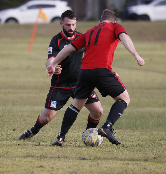 ATTACK: Leeton United's Joey Fondacaro tries to keep control of the ball during his side's last outing two weeks ago against Lake Albert. Photo: The Daily Advertiser