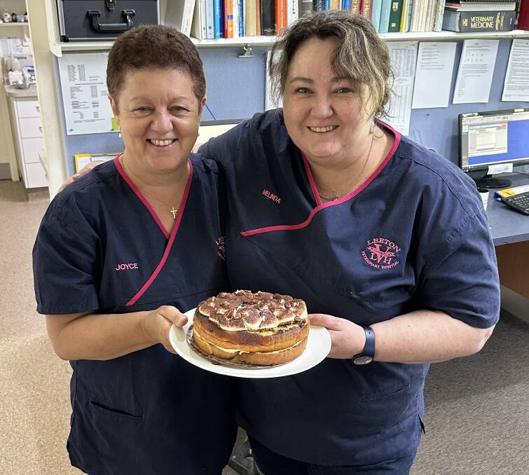 Joyce Guest (left) and Melinda Angel celebrate their joint anniversary with the Leeton Veterinary Hospital. Picture supplied