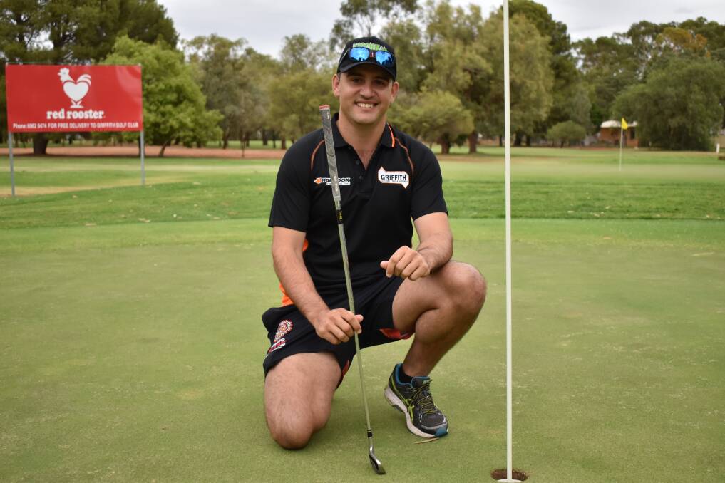 CELEBRATION: Joel Undy at the 16th hole on Griffith Golf Course. PHOTO: Shaun Paterson