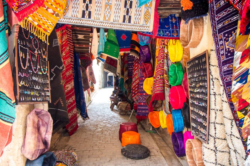 Carpets and other souvenirs for sale in the Medina of Fez. Picture: Michael Turtle 