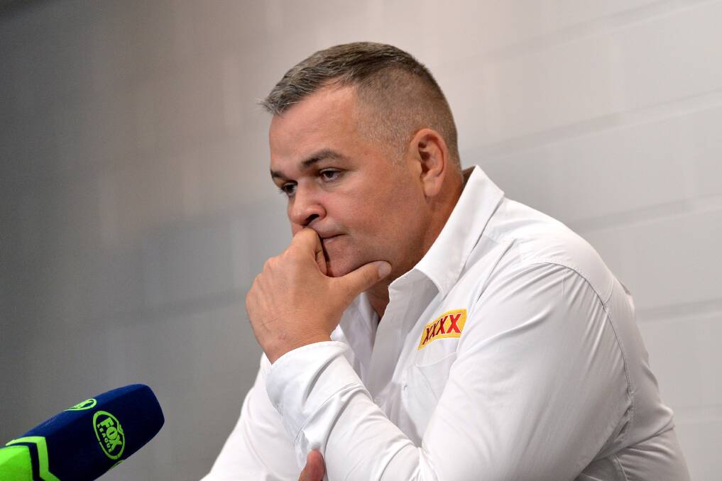 A dejected Broncos coach Anthony Seibold faces the media after last Saturday's loss to the Gold Coast Titans at Suncorp Stadium. Photo: Bradley Kanaris/Getty Images