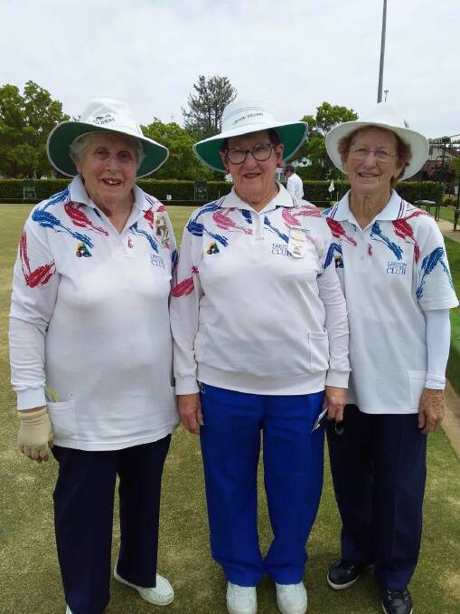 WINNERS: Leeton Soldiers Club Lee Noble, Barbara Gulotta and Jeannie Plant were among the bowlers who braved cool conditions last week. Picture: Supplied