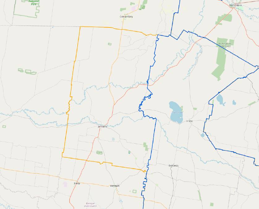 The area (in yellow) including Jerilderie, that will be moved from the Albury electorate to Murray for the 2023 NSW electorate.