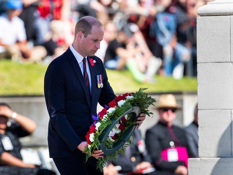 Prince William lays a wreath during an Anzac Day service at the Auckland War Memorial.