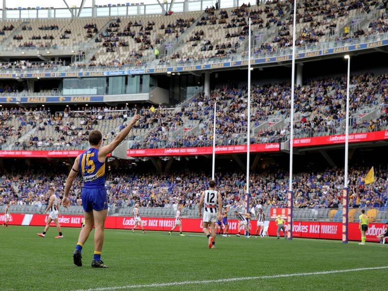 West Coast's Jamie Cripps marvels at his effort in their AFL win over Collingwood in July.