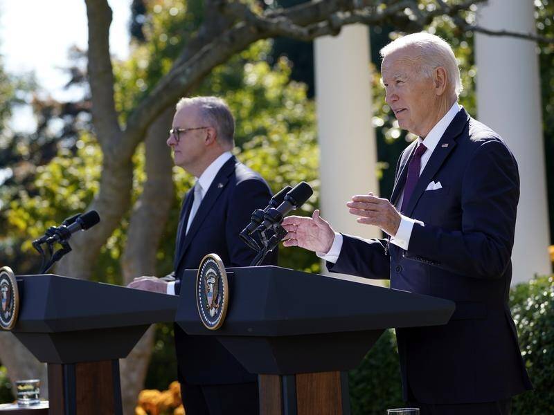 US President Joe Biden and Australian Prime Minister Anthony Albanese spoke in the Rose Garden. (AP PHOTO)