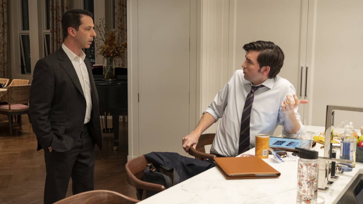 Kendall Roy (Jeremy Strong) schemes with cousin Greg (Nicholas Braun) to overthrow his father. Picture: Foxtel/HBO