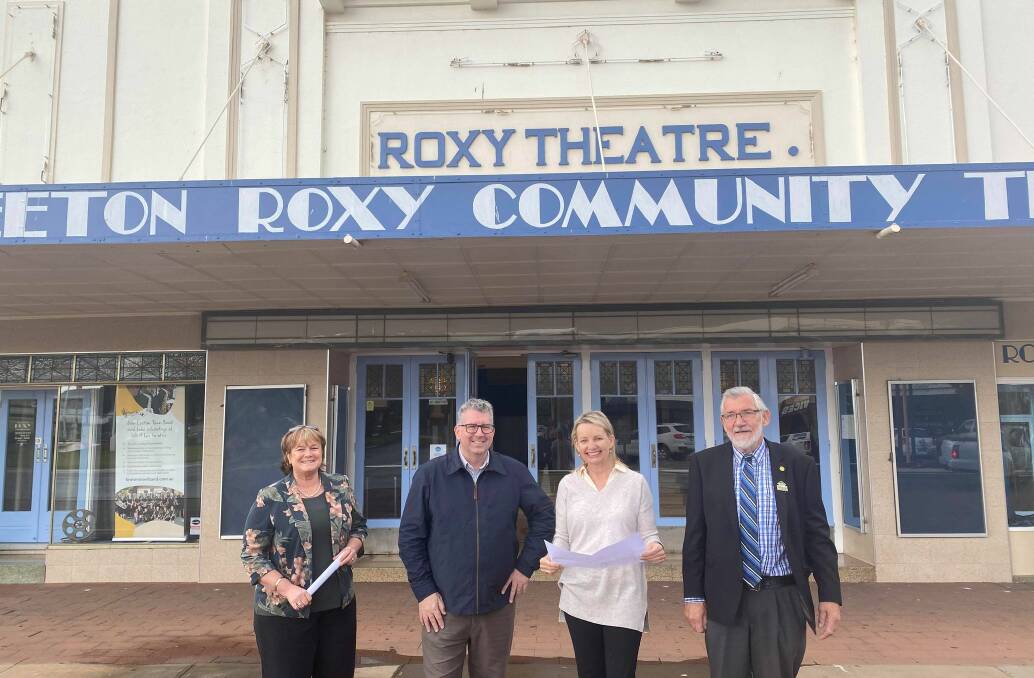 BRIGHT FUTURE: Leeton Shire Council's general manager Jackie Kruger, federal water minister Keith Pitt, Member for Farrer Sussan Ley and Leeton mayor Paul Maytom outside the Roxy Theatre. PHOTO: Lizzie Gracie