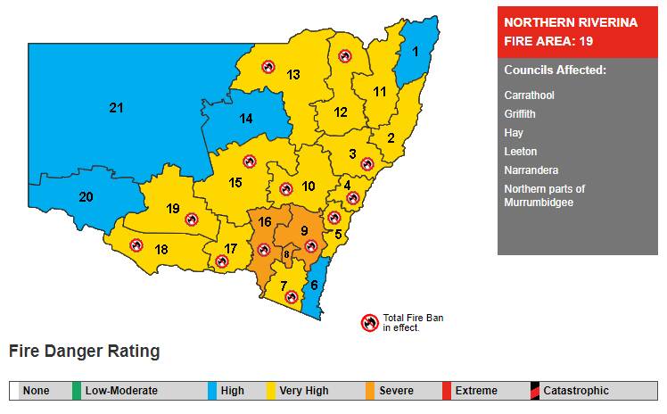 A total fire ban is in place for the Northern Riverina zone on January 18. Picture: NSW RFS