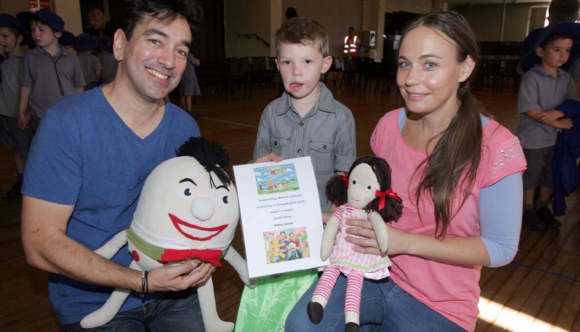 Play School presenters Alex Papps (with Humpty), colouring-in competition winner Riley Lewis, 3, and Abi Tucker (with Jemima).