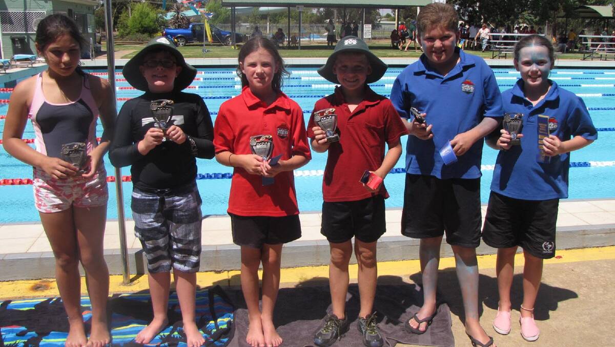 Age Champions from the Parkview PS Swimming Carnival held last Friday at the Leeton Pool were (from left) Annie Samuelu (11 Years Girls), Cooper Holmes (Junior Boys), Hannah Pianca (Junior Girls), Jack Quinlivan (11 Years Boys), Caleb Watson (Senior Boys), Tess Staines (Senior Girls).